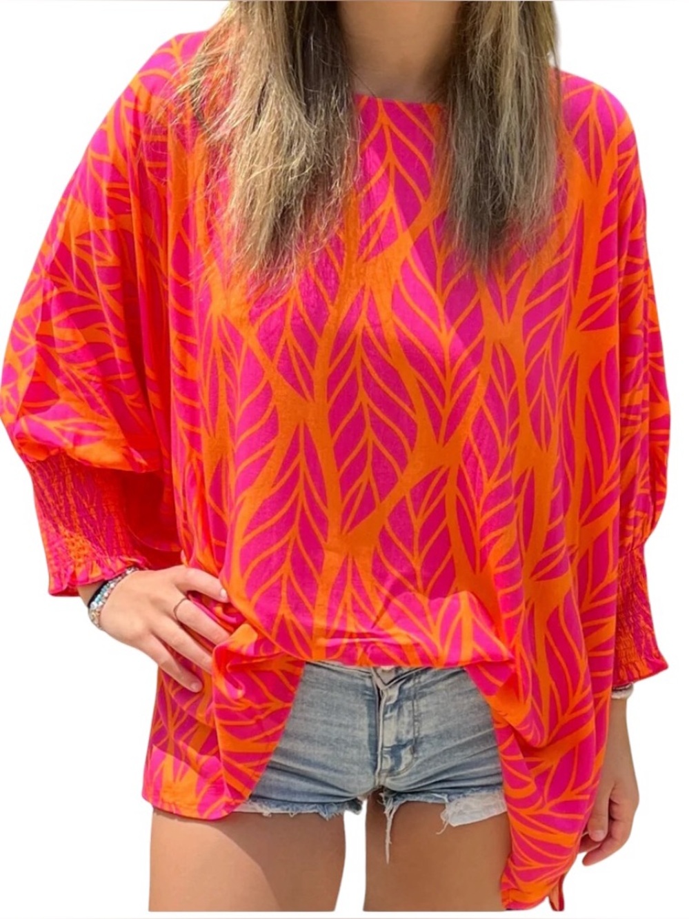 Entro Tropical Leaf Print Top Pink Orange Size Medium